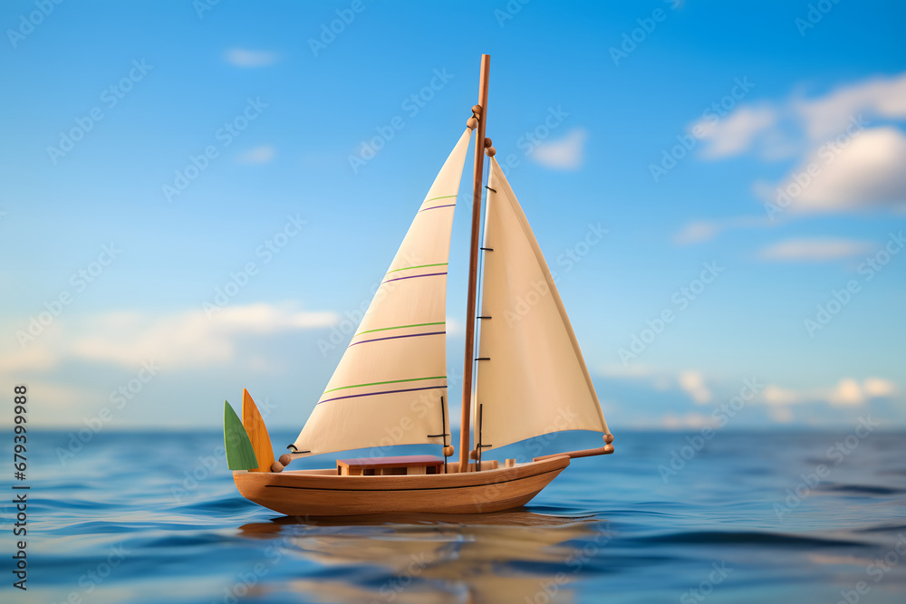 wooden toy boat, sail boat, playing with a wooden toy boat