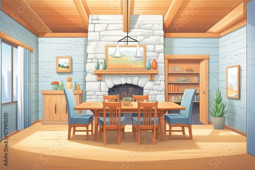 dining room in a craftsman home featuring wood paneling and stone accents  magazine style illustration