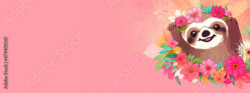 Image of a cheerful sloth in flowers on a pink background