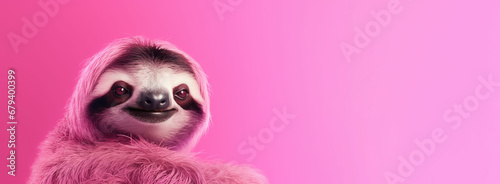 International Sloth Day. Image of a sloth on a bright pink background photo