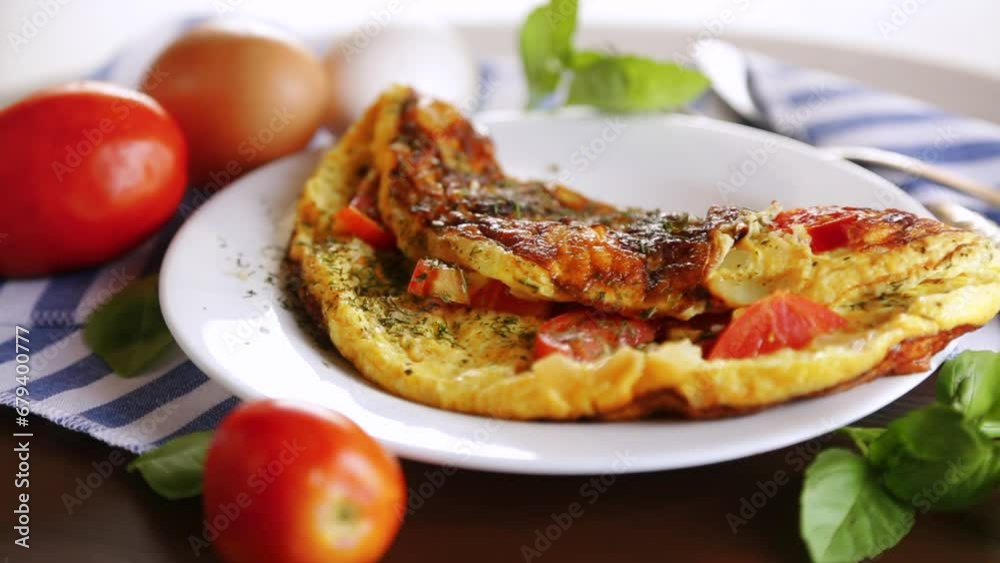 Stuffed omelette with tomatoes on a light wooden background. Stuffed omelette with tomatoes on a light wooden background.