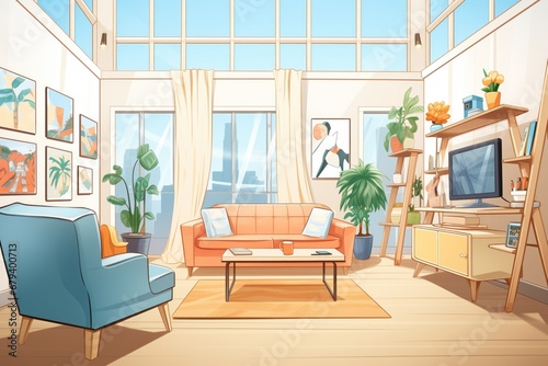 a fashionable lounge area in a modern illustration studio