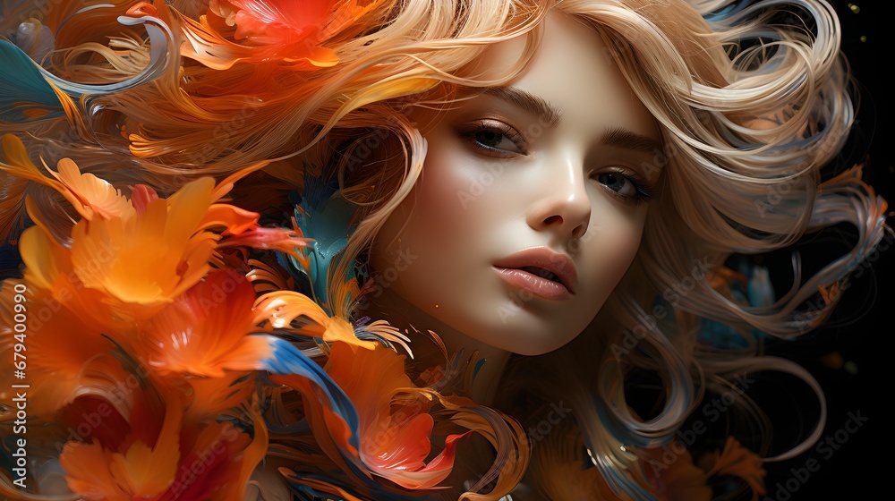 Portrait of a beautiful young woman with creative make-up and colorful hair.