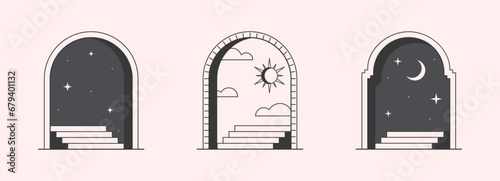 Vector mystic logo design templates with portals,steps,night,stars,sun,crescent moon.Surreal abstract illustrations in trendy minimal outline style.Magical emblems.Branding design templates.