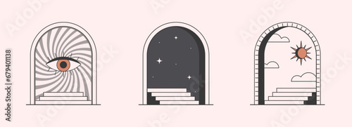 Vector mystic logo design templates with portals,steps,eye,stars,sun and moon.Surreal abstract illustrations in trendy minimal outline style.Magical emblems.Branding design templates.
