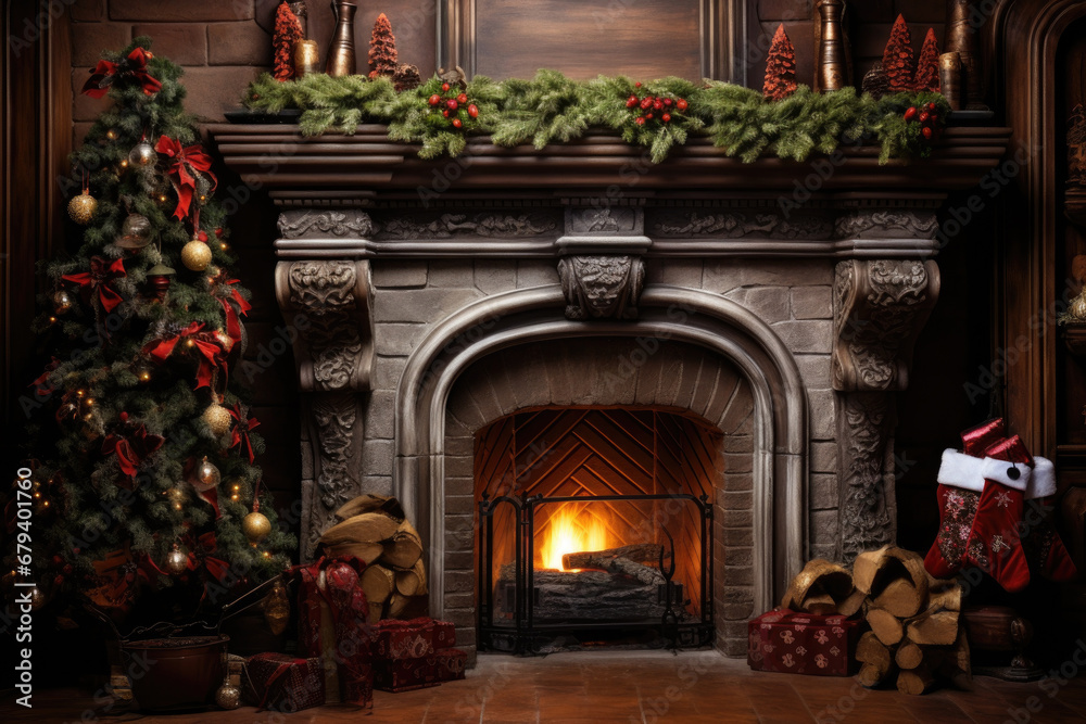 Christmas tree by the fireplace in a cozy room Christmas tree by the fireplace in a cozy room