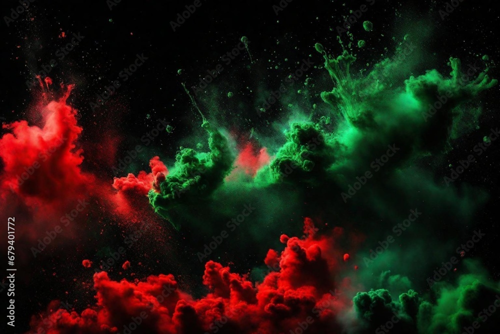 Green and red colored powder explosions on black background. Holi paint powder splash in colors of Portuguese flag Green and red colored powder explosions on black background. Holi paint powder splash in colors of Portuguese flag
