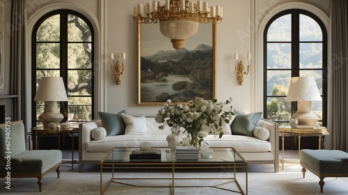 An elegant living room with Spanish influences, featuring velvet sofas, a crystal chandelier, and gold-framed paintings.