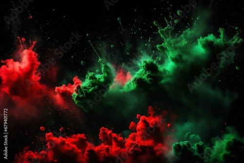 Green and red colored powder explosions on black background. Holi paint powder splash in colors of Portuguese flag