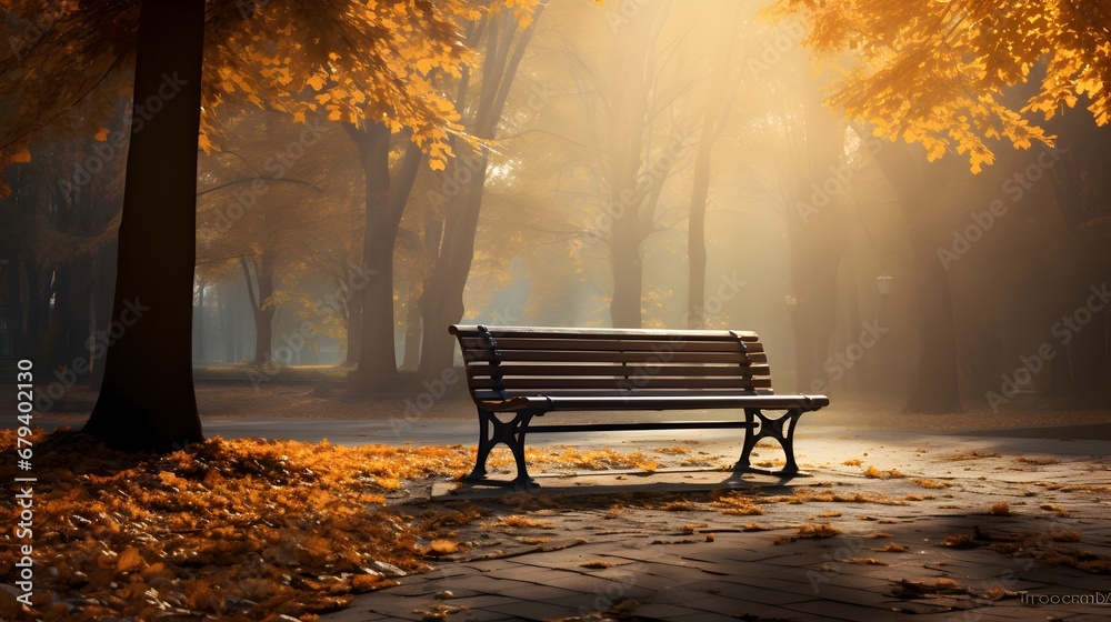 Bench in the autumn park at sunset with sunbeams and fog