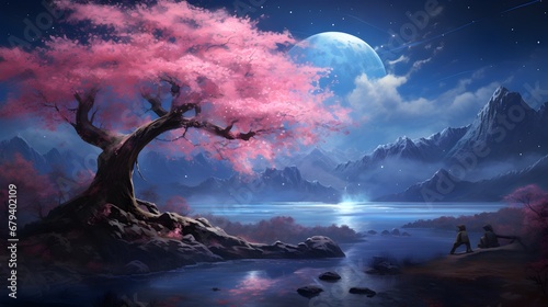 Fantasy landscape with tree and lake.