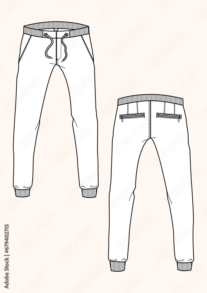Man's sweatpants with flat sketch fashion illustration with front and back view. Drawing vector template mock up Man's sweatpants with flat sketch fashion illustration with front and back view. Drawing vector template mock up