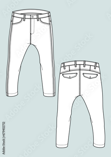 Man's baggy trousers with flat sketch fashion illustration with front and back view. Drawing vector template mock up	