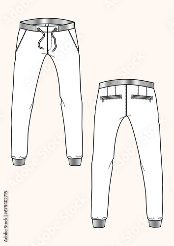 Man's sweatpants with flat sketch fashion illustration with front and back view. Drawing vector template mock up	