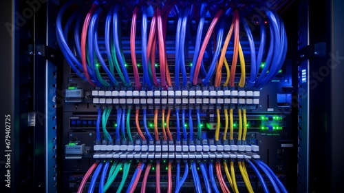 Network equipment. Server, NAS, SQL. Wires connect equipment. Network hardware. Cloud Storage. Digital cloud real estate. Equipment for system administrator. Structured cabling systems.