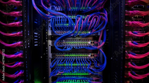 Network equipment. Server, NAS, SQL. Wires connect equipment. Network hardware. Cloud Storage. Digital cloud real estate. Equipment for system administrator. Structured cabling systems. 