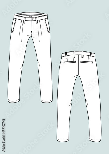 Man's chino trousers with flat sketch fashion illustration with front and back view. Drawing vector template mock up	