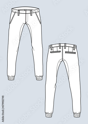 Man's sweatpants with flat sketch fashion illustration with front and back view. Drawing vector template mock up	
