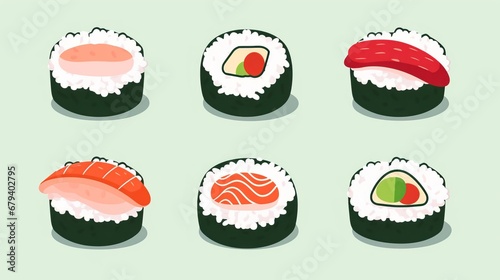 Japanese sushi set. Asian Japan food. Colorful set of sushi from different types maki, uramaki rolls, nigiri, temaki snacks. set japan asian food vector logo design pack isolated. Vector illustration