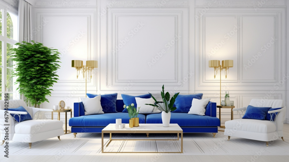 White living room interior royal blue lounge. living room interior royal blue couch. generative ai - obrazy, fototapety, plakaty 