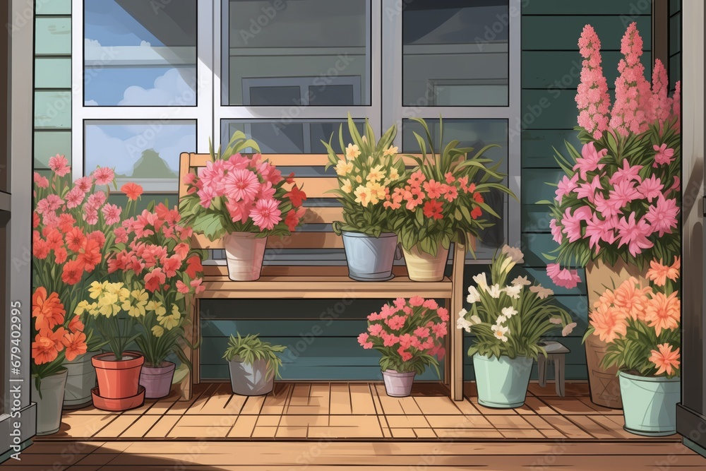 farmhouse porch decorated with pots of blooming flowers, magazine style illustration