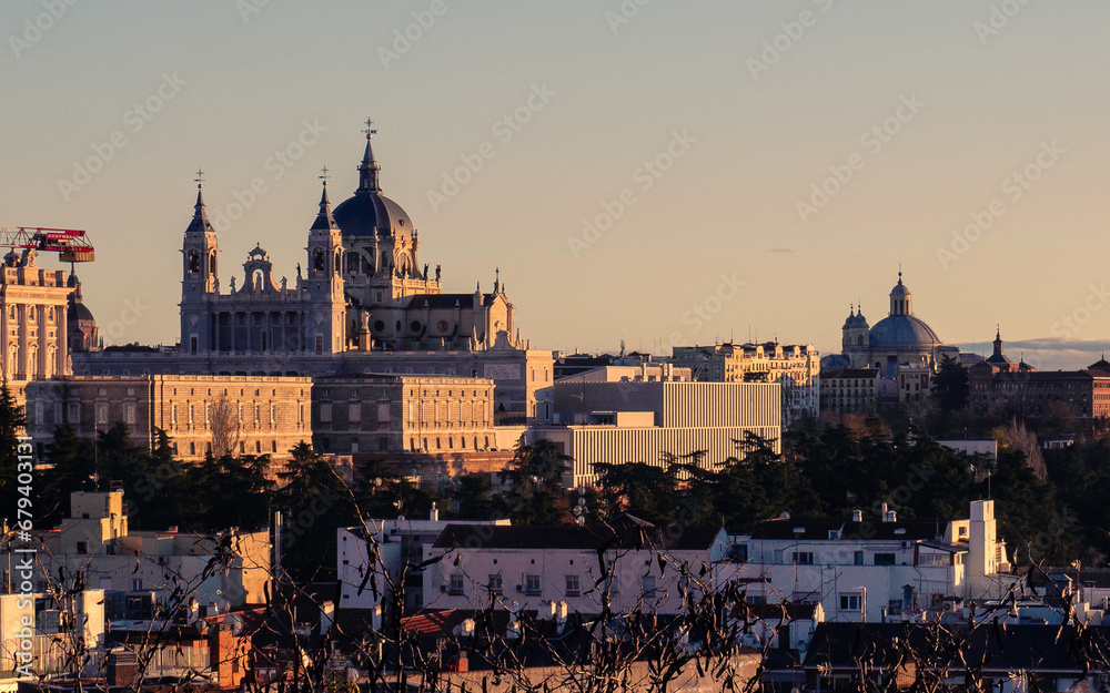 Sunset view of La Almudena in Madrid from Debod Temple