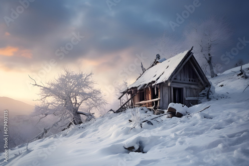 snow house, house in winter, wood house, snowy architecture, cabin, house in nature © MrJeans