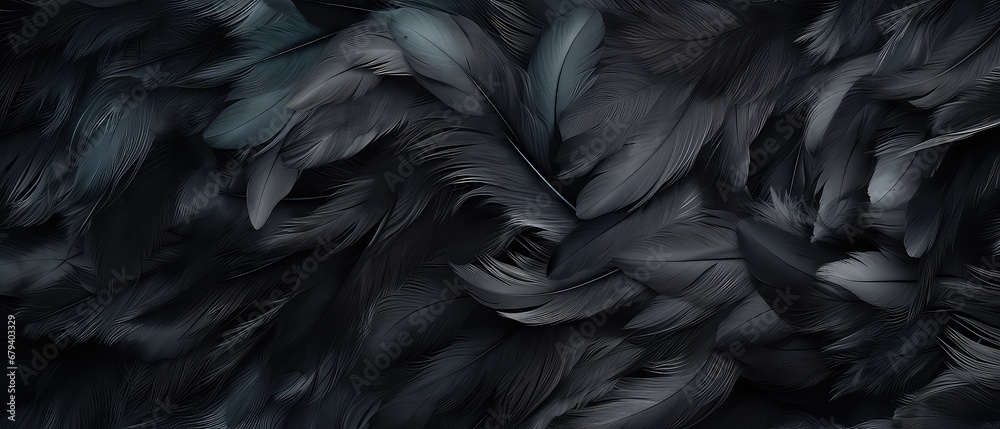 The texture of feathers, black matte , soft light ,different degree color of black ,background 