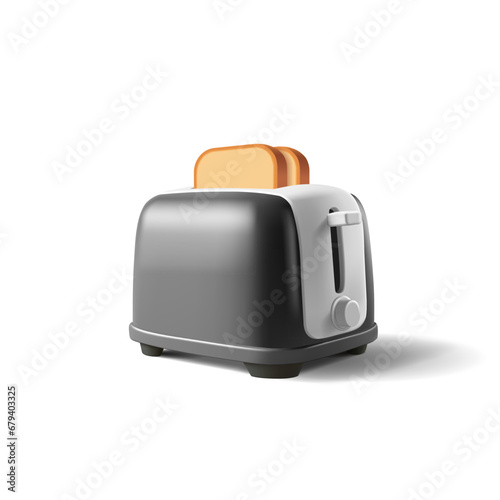 Black toaster 3D with toasted bread. Crispy hot bread with a modern toaster. The concept of home appliances for preparing breakfasts, and delicious sandwiches.