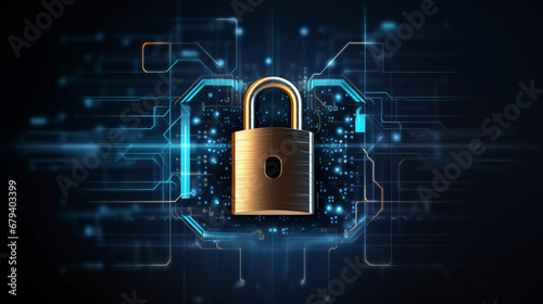 Cybersecurity technology: Digital padlock guarding computing systems against fraud and protecting privacy data in a dark blue backdrop