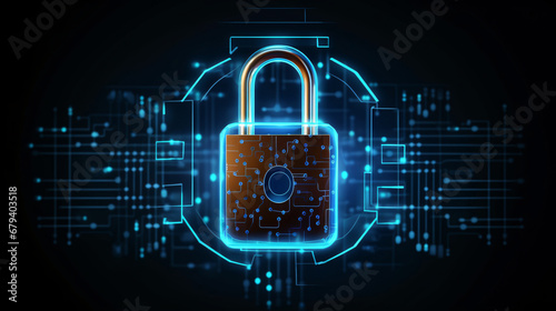 Cybersecurity technology: Digital padlock guarding computing systems against fraud and protecting privacy data in a dark blue backdrop