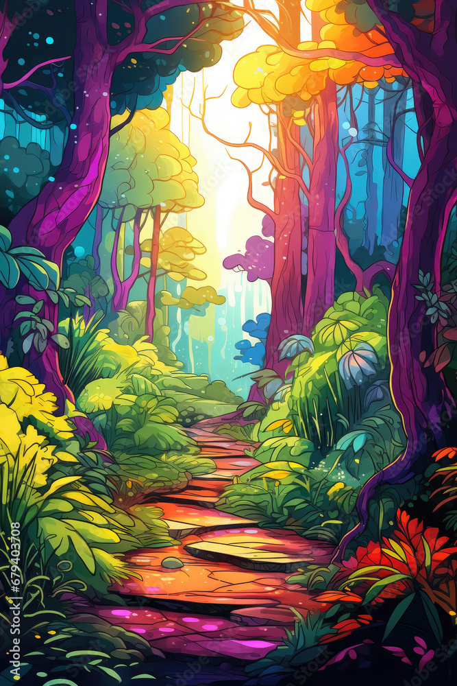 Enchanted Rainbow Forest, Rainbow markers vibrant illustration