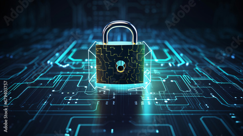 Cybersecurity technology: Digital padlock guarding computing systems against fraud and protecting privacy data in a dark blue backdrop