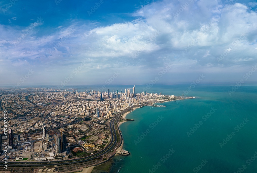Coastal view from the Top of the coast area of Kuwait under the blue sky