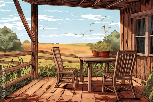 wooden table and chairs filling the farm porch scene, magazine style illustration