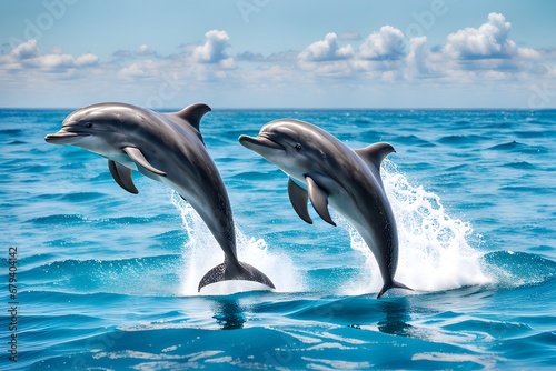 The illustration of two cute dolphins in the ocean looks lovely jumping together over the water. © LG Art Creation
