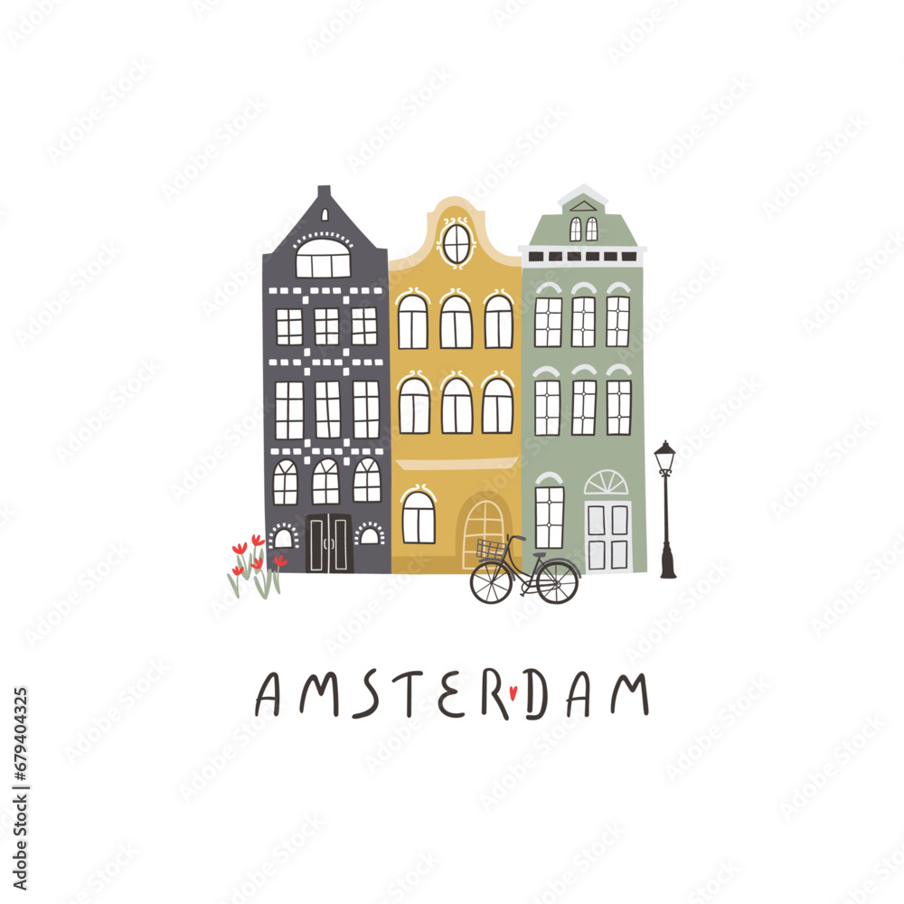 Vector illustration of Amsterdam houses and lettering. Traditional old buildings. Travel poster, postcards, greeting cards template