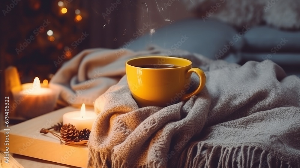 A mug of hot tea in a cozy living room with a fireplace. Cozy winter day