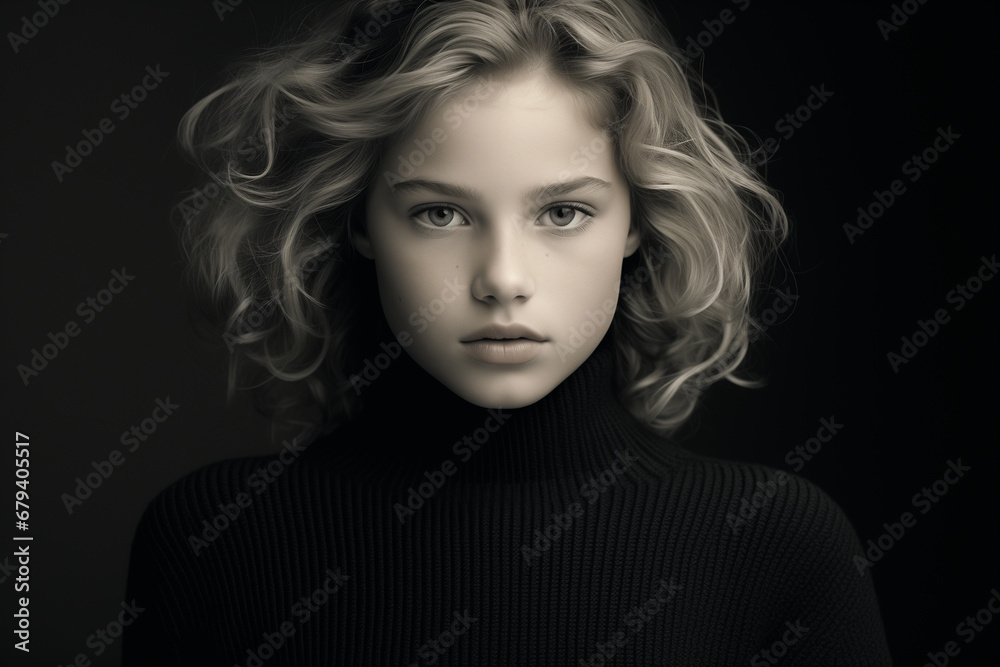 Front portrait Black and white film on neutral background. of a young woman with blonde curly hair wearing a black turtleneck sweater. photorealistic + hyperrealistic