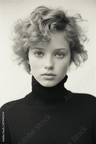 Front portrait Black and white film on neutral background. of a young woman with blonde curly hair wearing a black turtleneck sweater. photorealistic + hyperrealistic
