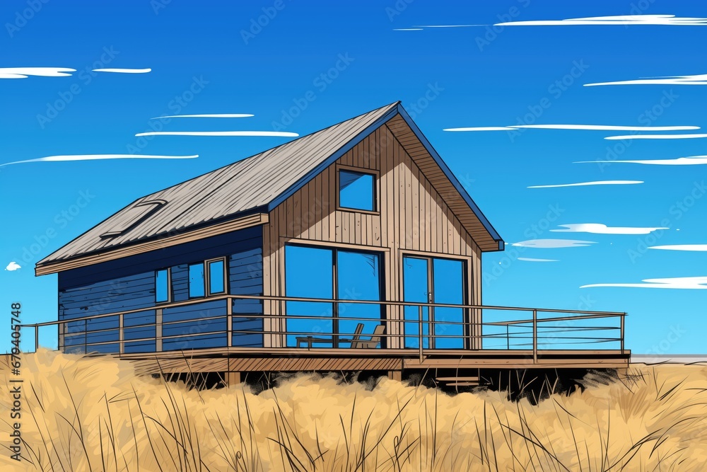 saltbox house with wooden cladding, contrasting with a clear blue sky, magazine style illustration