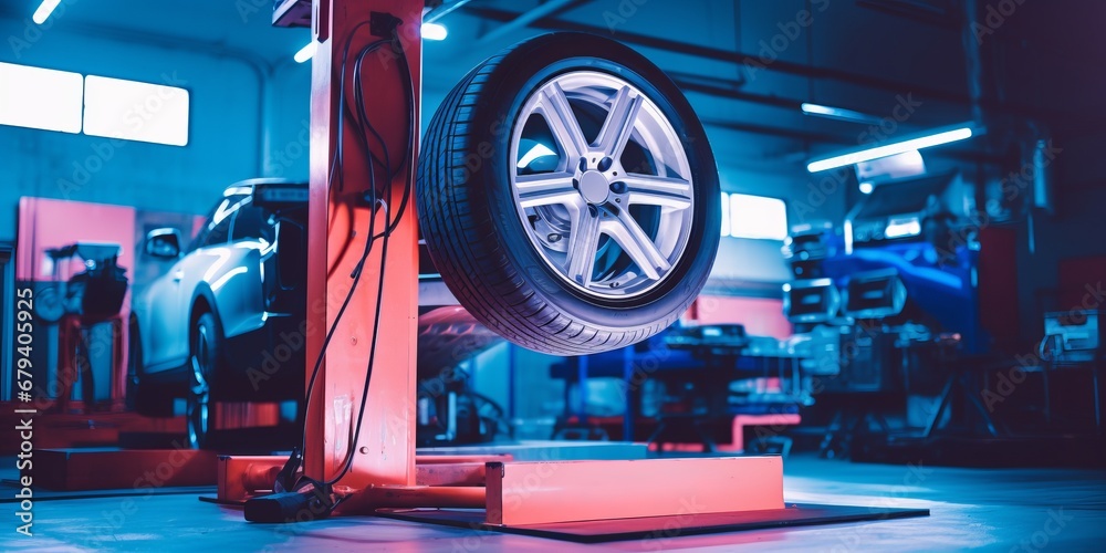 Tire workshop. A photograph in car workshop. MOT. New and old tyres. winter or season wheel change. Puncture. Rims. Alignment. Green and red energetic color palette. Car Service. - obrazy, fototapety, plakaty 