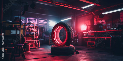 Tire workshop. A photograph in car workshop. MOT, winter or season wheel change. Puncture. Rims. Alignment. Red and blue color palette. photo