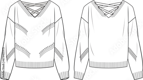 Fully Fashioned, Lace-Up Back Detail Jumper. Technical fashion illustration. Front and back, white color. Women's CAD mock-up.