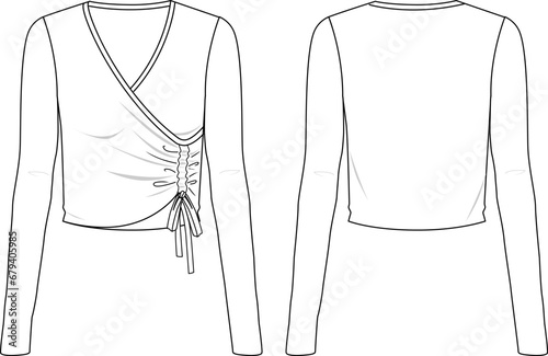 Women's Ruched Front Detail Rib Top- Jersey top technical fashion illustration. Front and back, white color. Women's CAD mock-up.