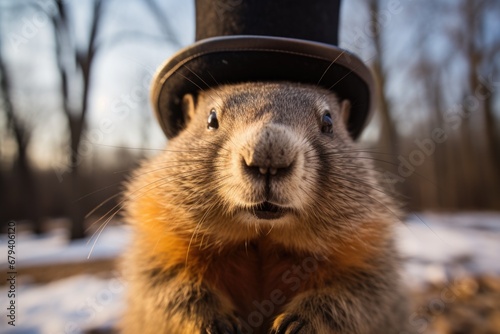 Groundhog Day celebration, with Punxsutawney Phil emerging to predict the weather, an annual tradition in February, anticipating an early spring or extended winter © Alla