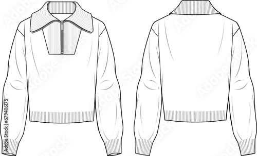 Women's Half Zip Detail Jumper. Technical fashion illustration. Front and back, white colour. Women's CAD mock-up.