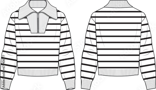 Women's Half Zip Striped Jumper. Technical fashion illustration. Front and back, white color. Women's CAD mock-up.