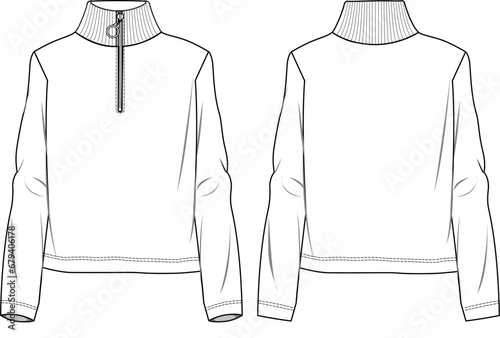 Women's Half Zip, High Neck, Long Sleeve Top. Technical fashion illustration. Front and back, white color. Women's CAD mock-up.