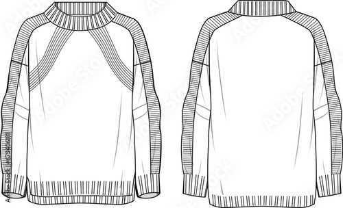 Women's Mock Neck, High Low and Stitch Step Jumper. Technical fashion illustration. Front and back, white colour. Unisex CAD mock-up.